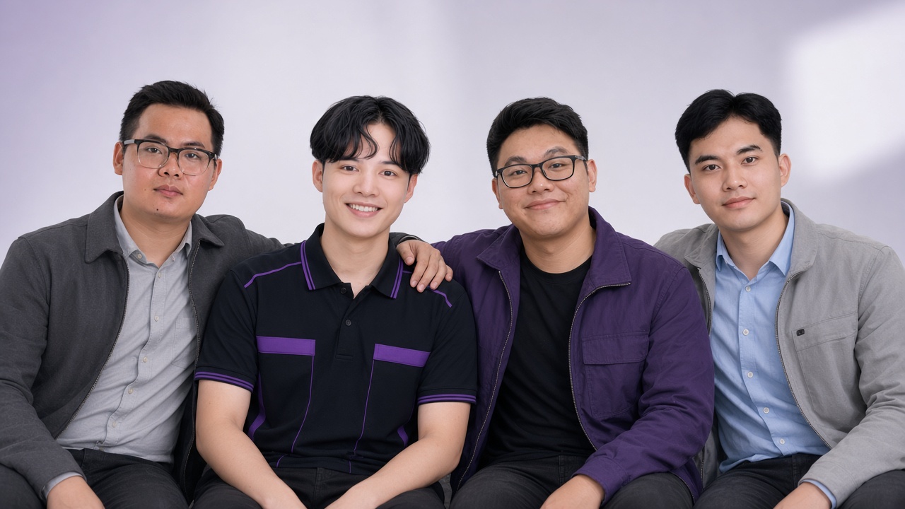 Đội ngũ sáng lập Dolphin Software ngồi cạnh nhau — founder khoác tay qua vai hai thành viên bên cạnh