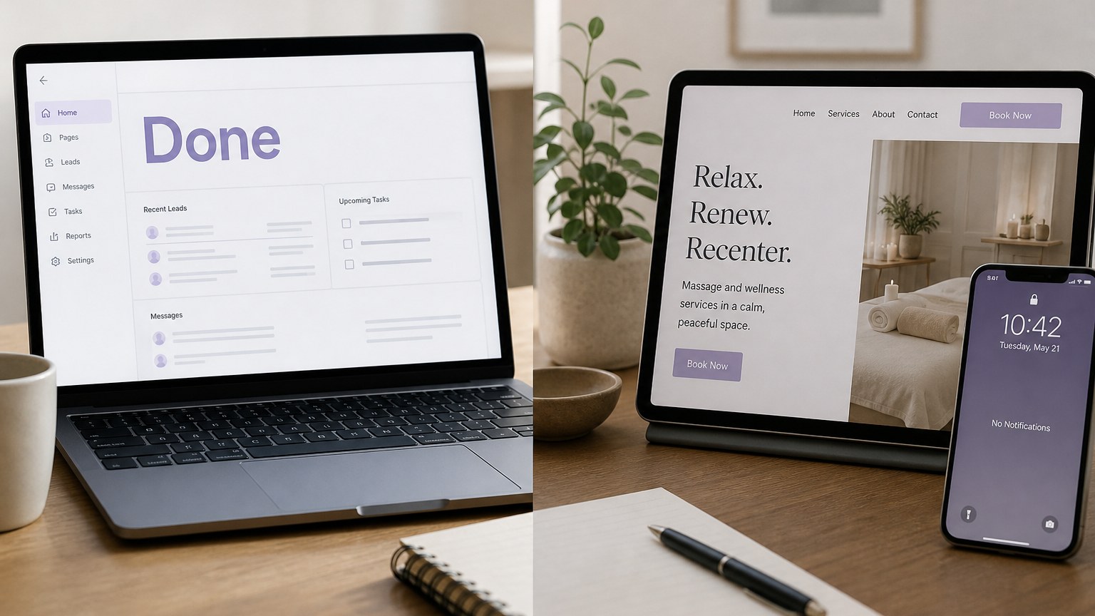 Màn hình laptop hiện chữ Done cạnh website spa; điện thoại bên cạnh không có thông báo lead hay form đặt lịch