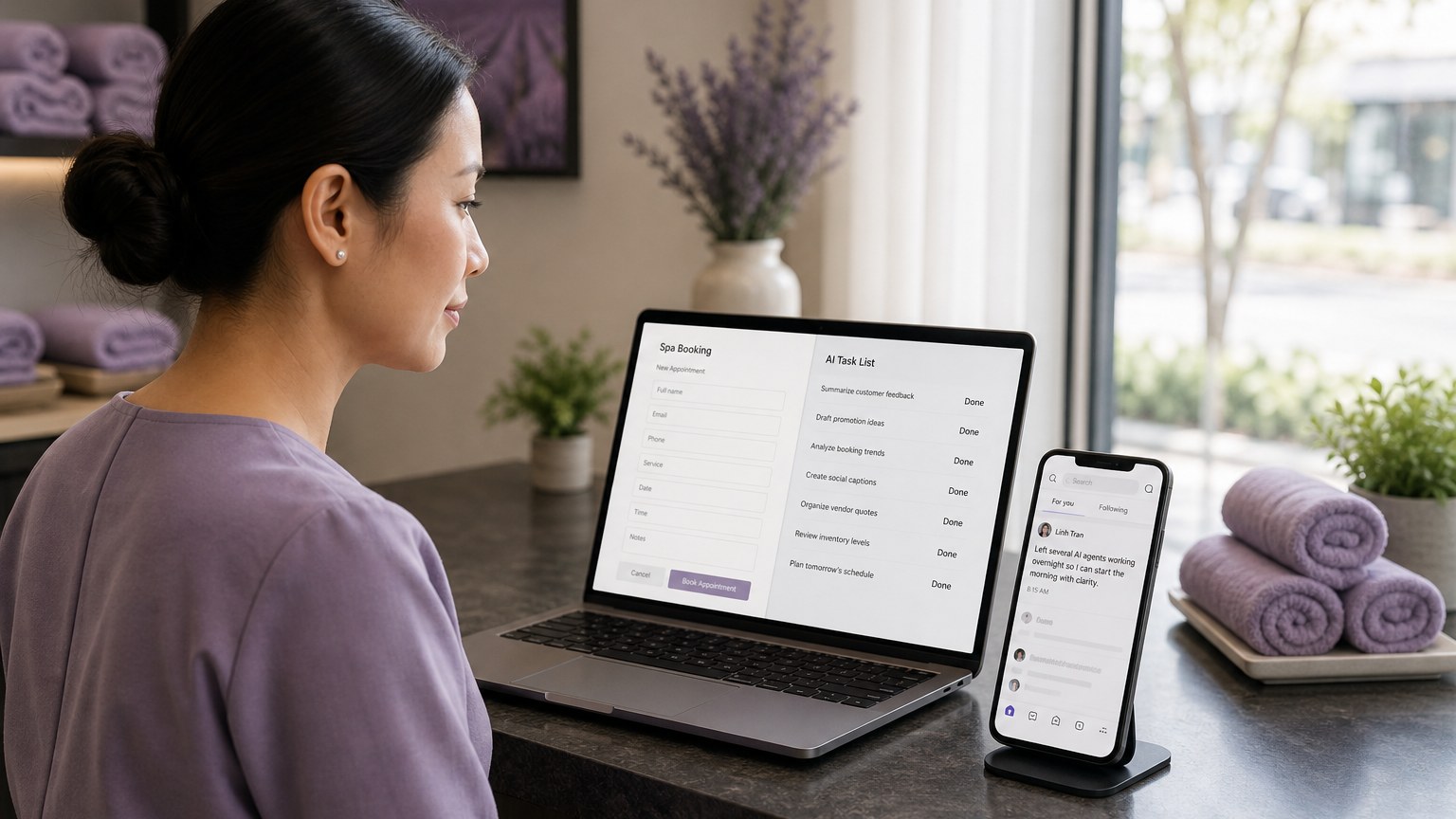 Chủ spa buổi sáng nhìn laptop báo Done, điện thoại hiện bài Facebook khoe 5 agent xuyên đêm, form đặt lịch trên màn hình vẫn trống