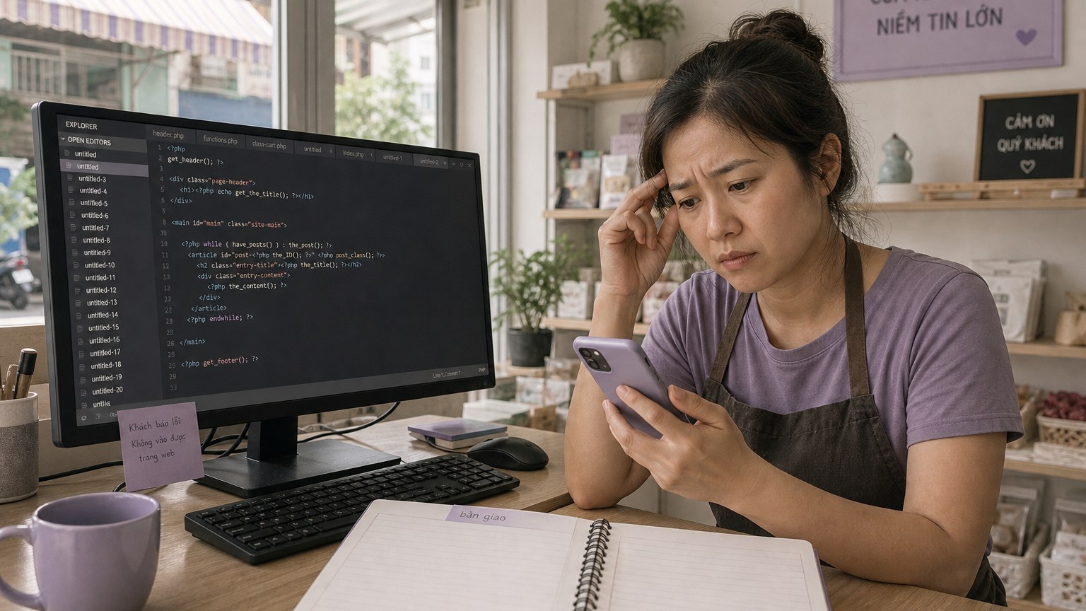 Bàn làm việc buổi sáng: nhiều file code trên màn hình, không có tài liệu bàn giao, chủ shop không biết gọi ai khi trang lỗi