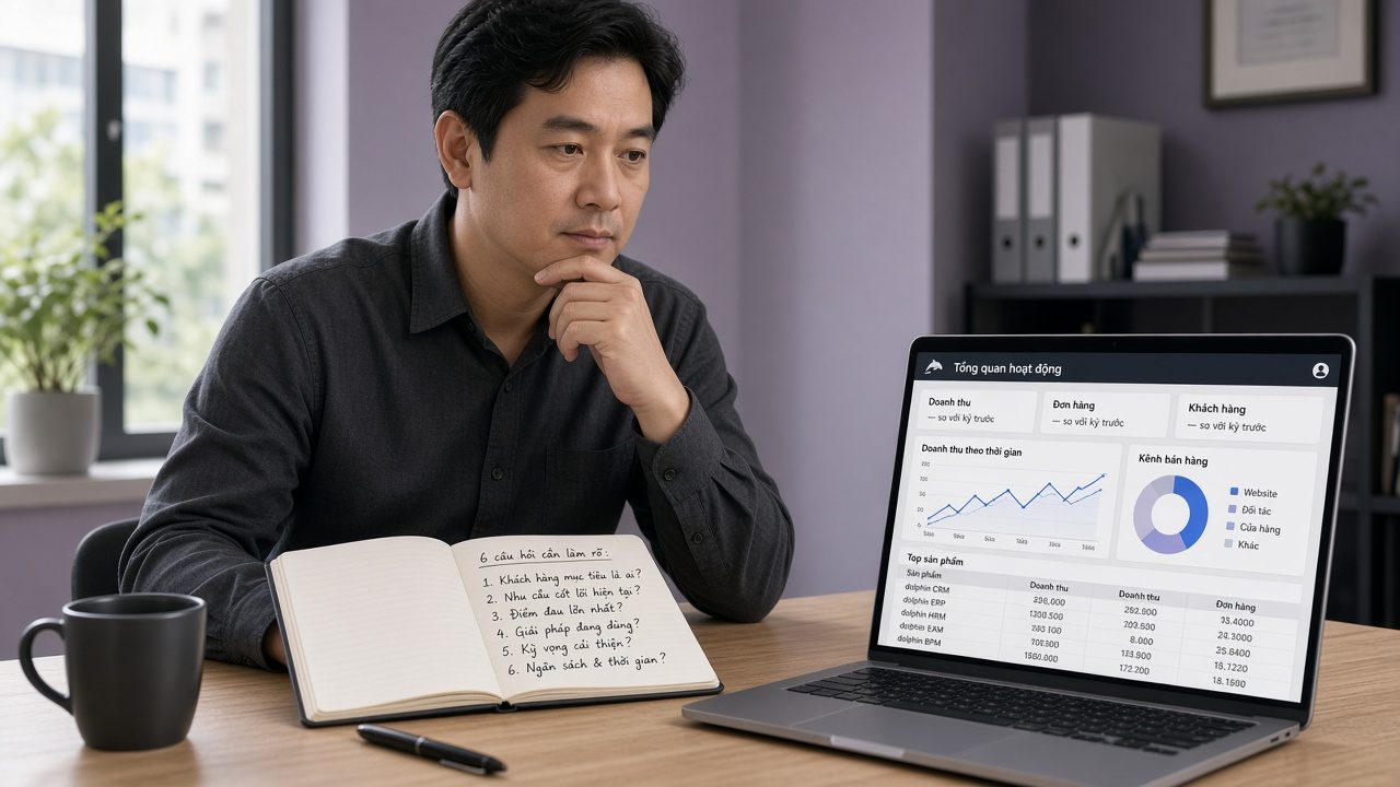 Chủ doanh nghiệp ghi vài câu hỏi trên sổ, laptop mở trang số liệu không có phần trăm bịa