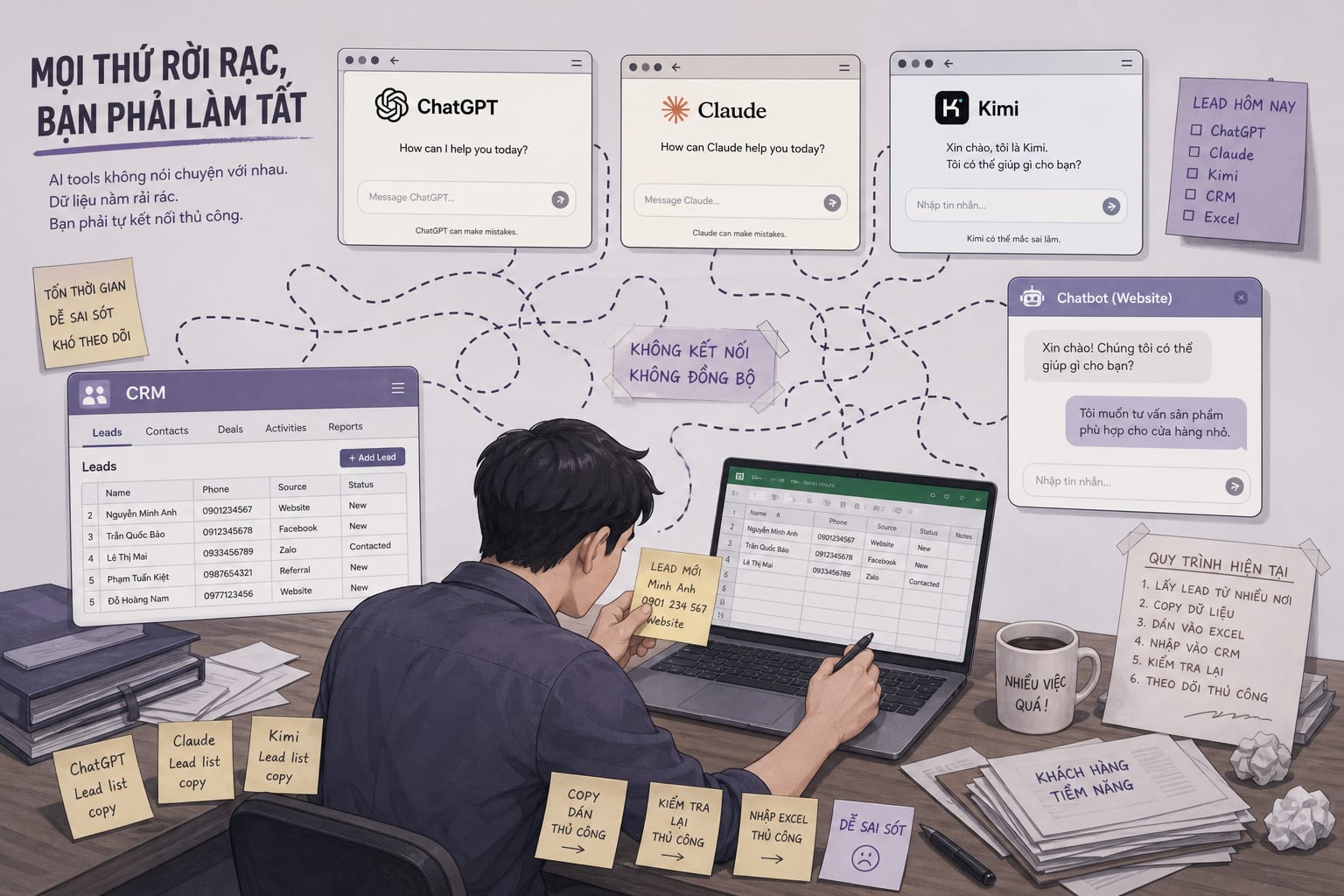 ChatGPT, Claude và Kimi cùng chatbot và CRM hoạt động rời rạc trên bàn làm việc SMB — nhân viên vẫn copy-paste lead thủ công