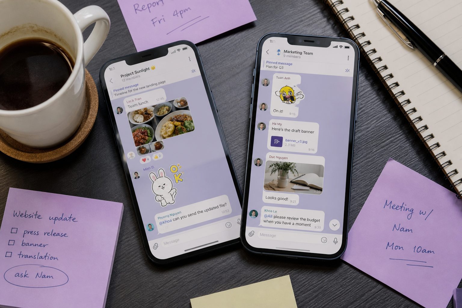 Hai điện thoại trên bàn, group chat lẫn sticker, ảnh ăn trưa và tin giao việc bị đẩy xuống dưới