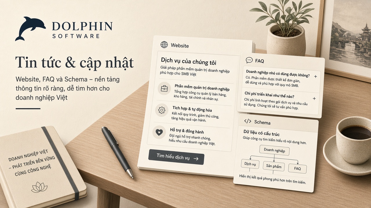 Ba thẻ trên bàn: Website dịch vụ rõ, FAQ hỏi đáp, Schema cấu trúc dữ liệu