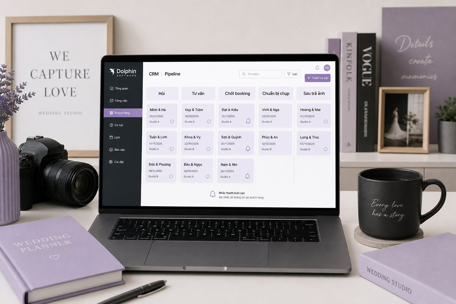 Màn hình CRM pipeline studio cưới: Hỏi, Tư vấn, Chốt booking, Chuẩn bị chụp, Sau trả ảnh