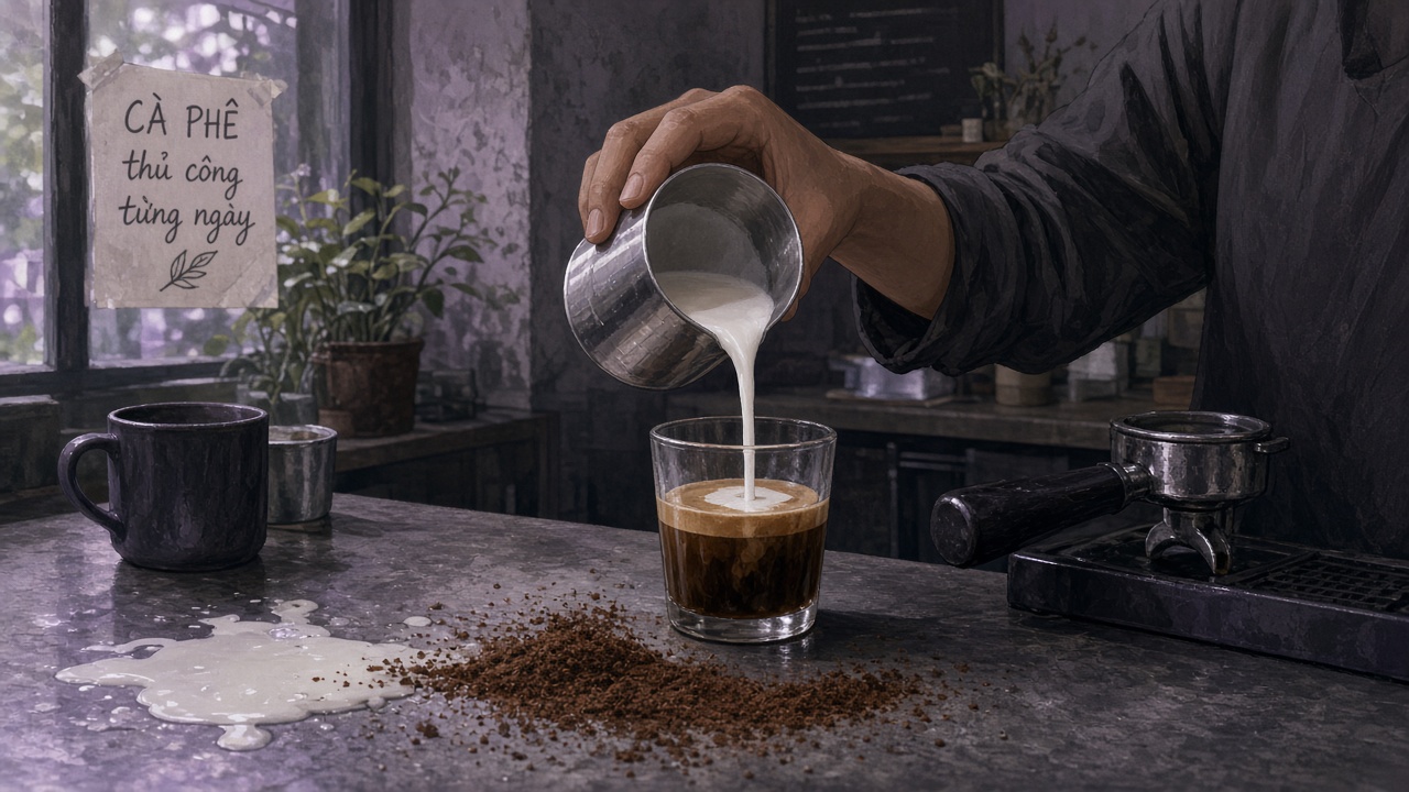 Barista rót sữa và espresso không dùng cốc định lượng, nguyên liệu đổ thừa trên quầy