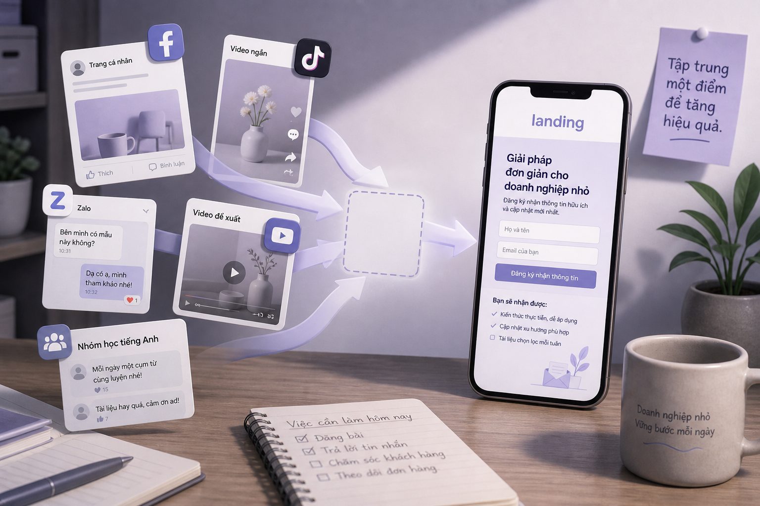 Minh họa quan tâm từ mạng xã hội và group đổ về một landing page đăng ký học duy nhất