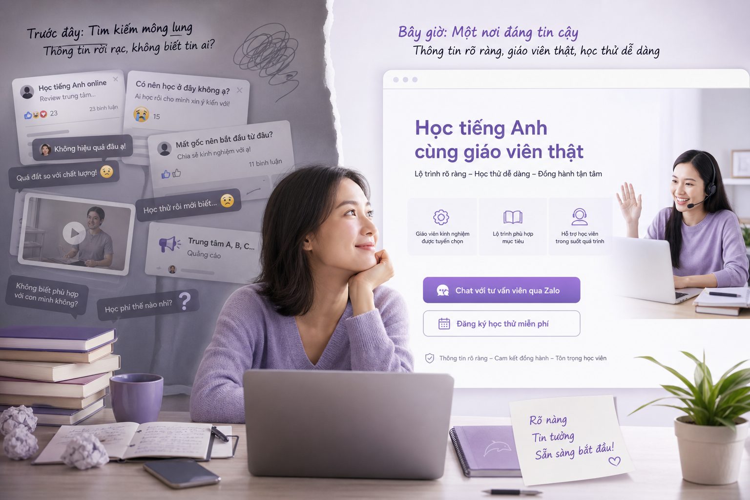 So sánh feed mạng xã hội lẫn lộn với landing page giáo viên có nút đăng ký học thử và Zalo