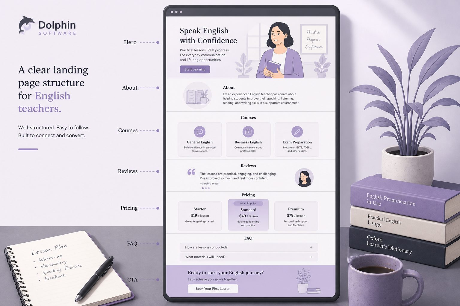 Cấu trúc landing page giáo viên: Hero, About, Courses, Reviews, Pricing, FAQ, CTA