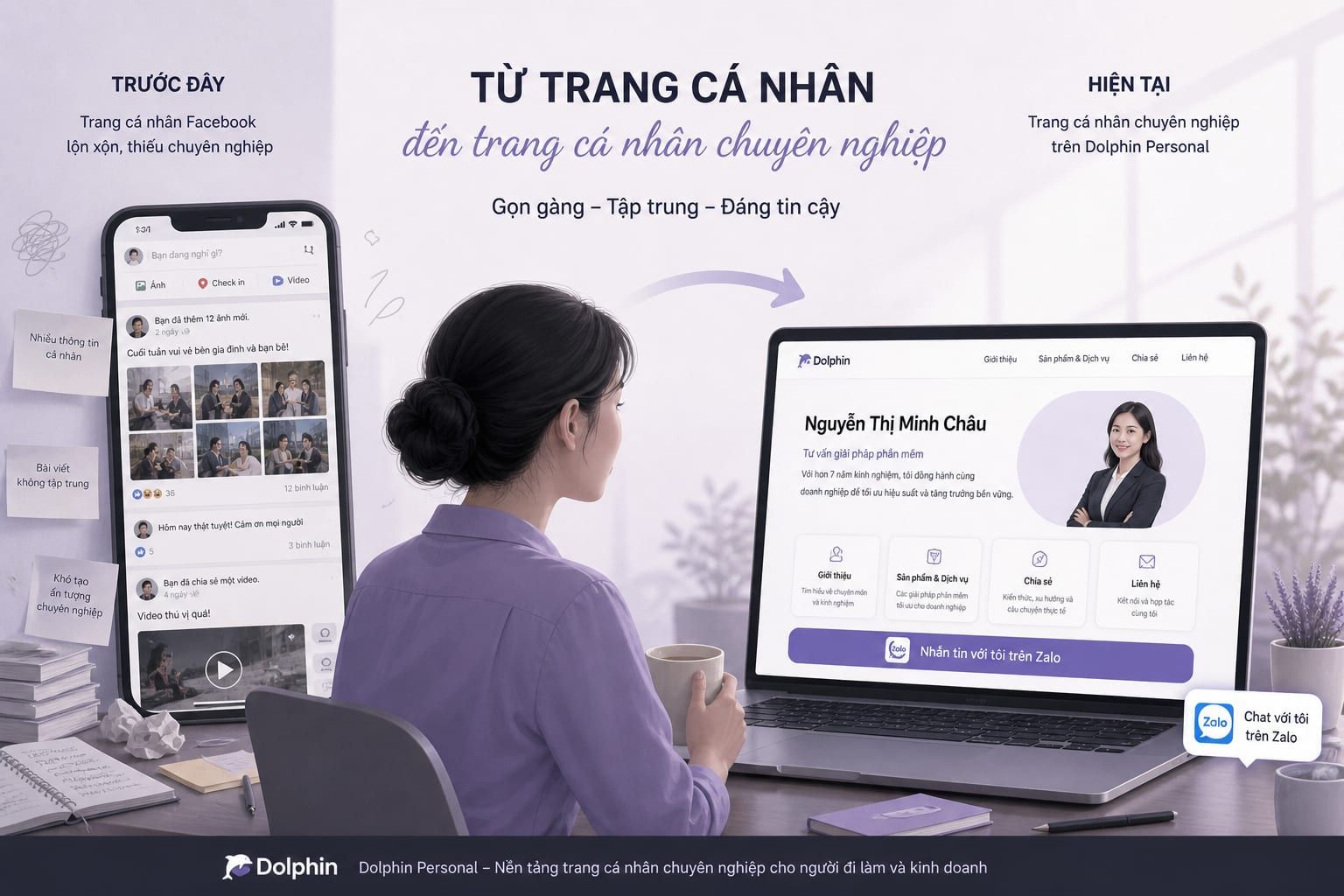 So sánh feed Facebook cá nhân lẫn lộn với landing page chuyên nghiệp có nút Zalo