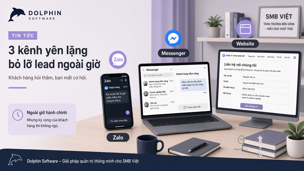 Ba kênh hay sót lead ngoài giờ: Zalo chưa đọc, Messenger inbox, form website không ai trả lời