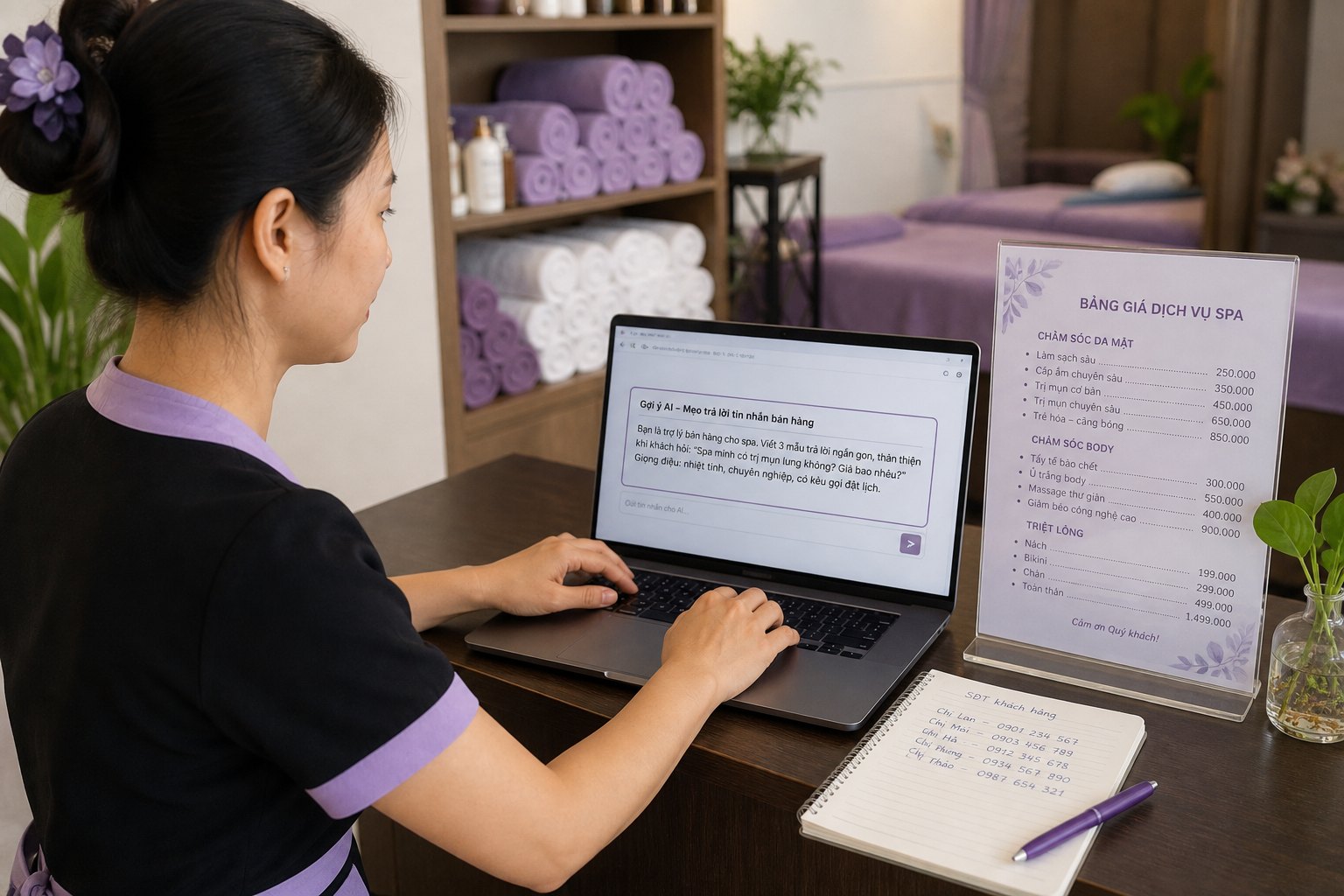 Chủ spa tại bàn làm việc dán prompt soạn tin từ Facebook vào AI tool, bên cạnh bảng giá dịch vụ và danh sách số điện thoại khách
