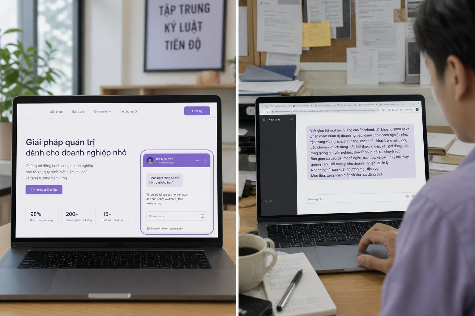 Hai cảnh đối lập: chatbot website có khung phạm vi rõ ràng bên trái, copy prompt lạ từ Facebook vào AI tool bên phải