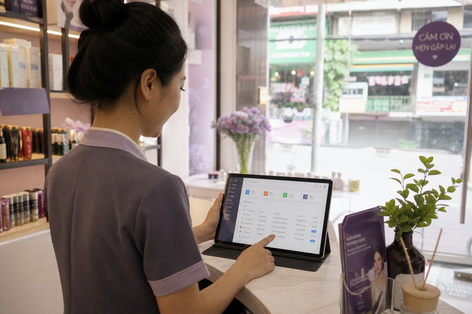 Nhân viên cửa hàng dùng máy tính bảng tại quầy để quản lý đơn, không phải trang giới thiệu cho khách