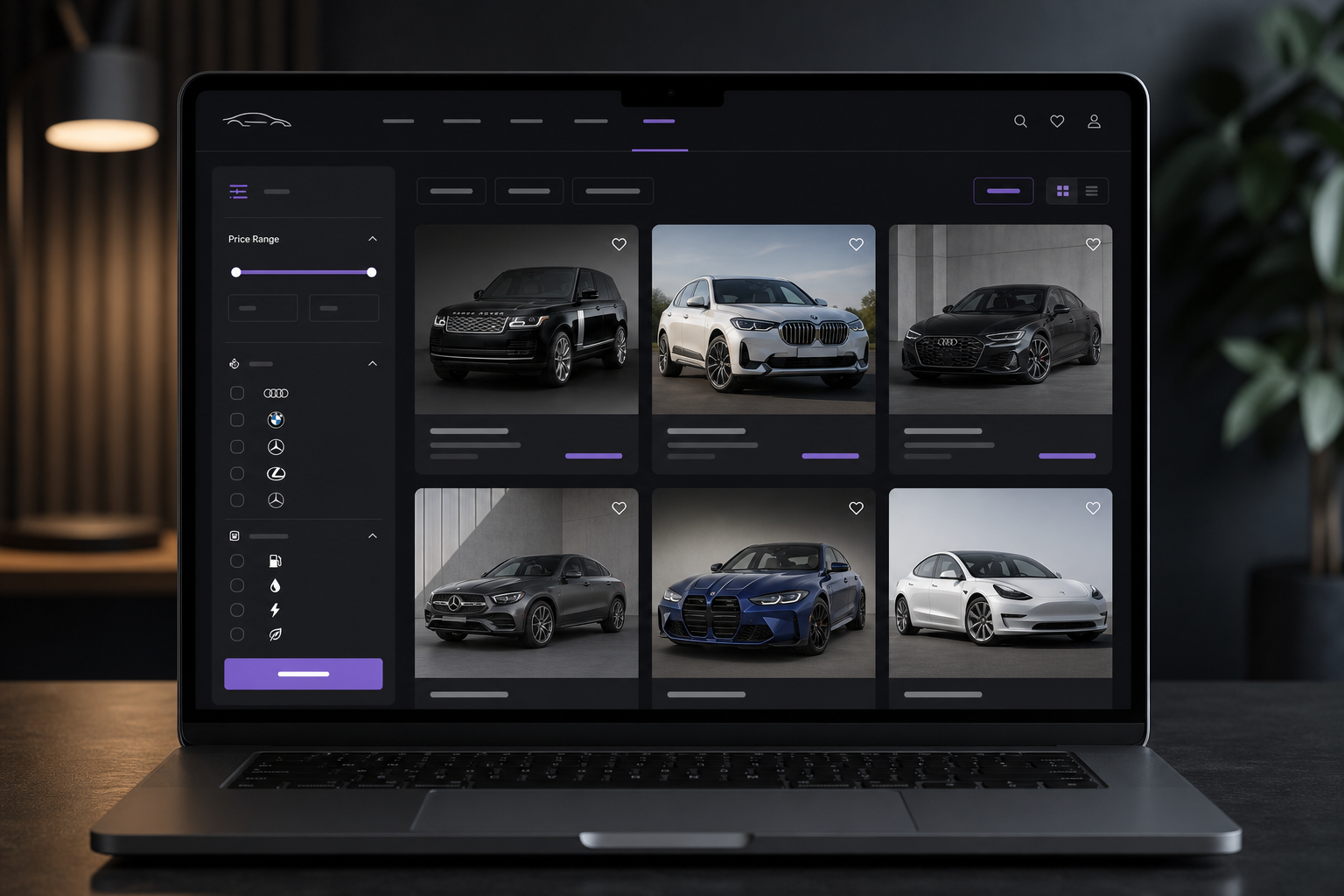 Giao diện website showroom ô tô với danh sách xe và bộ lọc thông minh