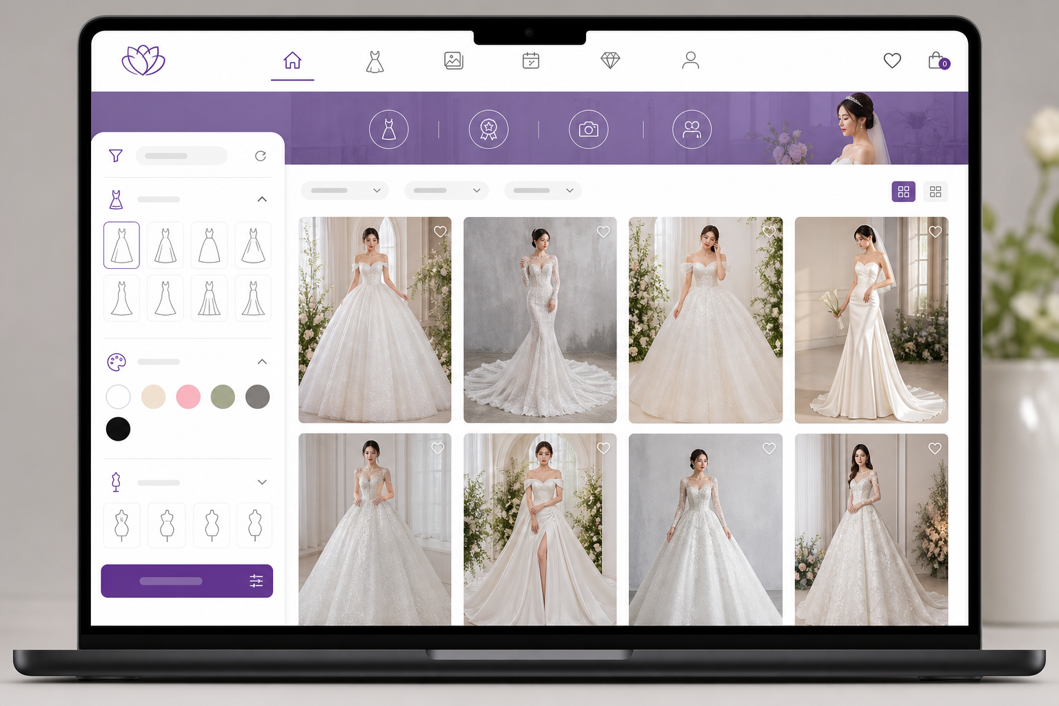 Giao diện catalog váy cưới online với bộ lọc và lưới sản phẩm