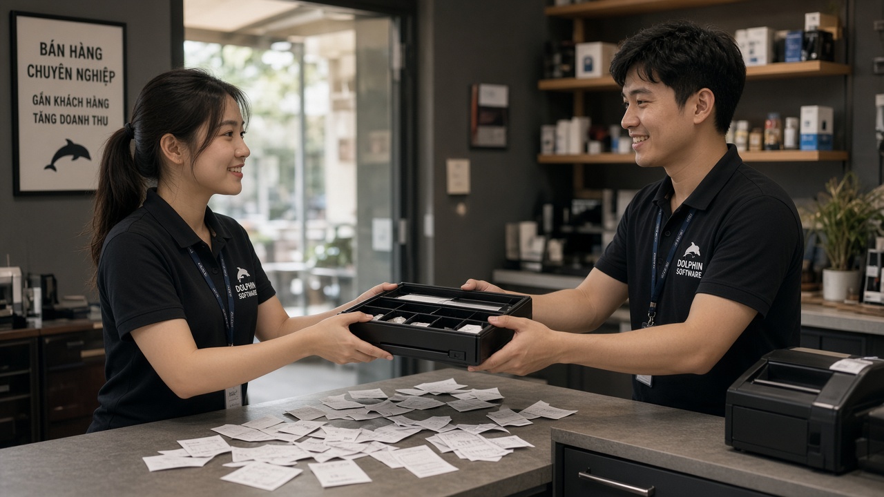 Giao ca cửa hàng: két tiền và hóa đơn giấy không khớp số