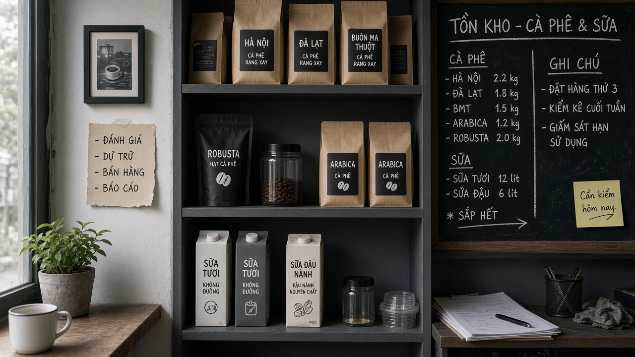 Kệ nguyên liệu cafe: túi hạt và hộp sữa sắp hết, ghi chú tồn tay