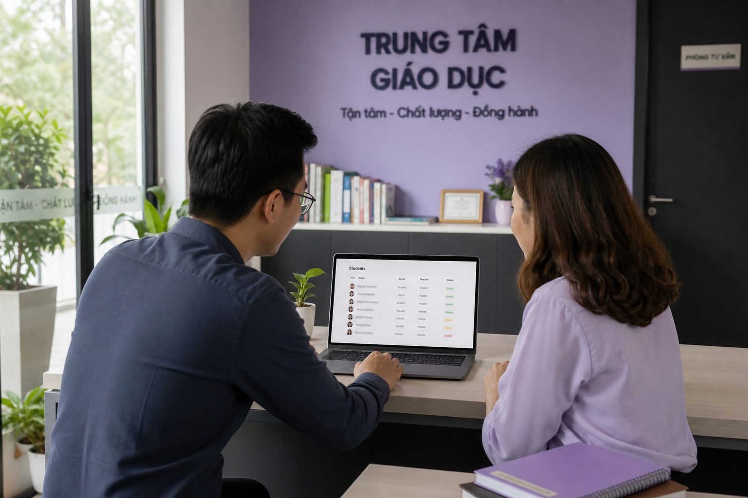 Hai người ở quầy trung tâm nhỏ cùng nhìn một danh sách học viên trên laptop