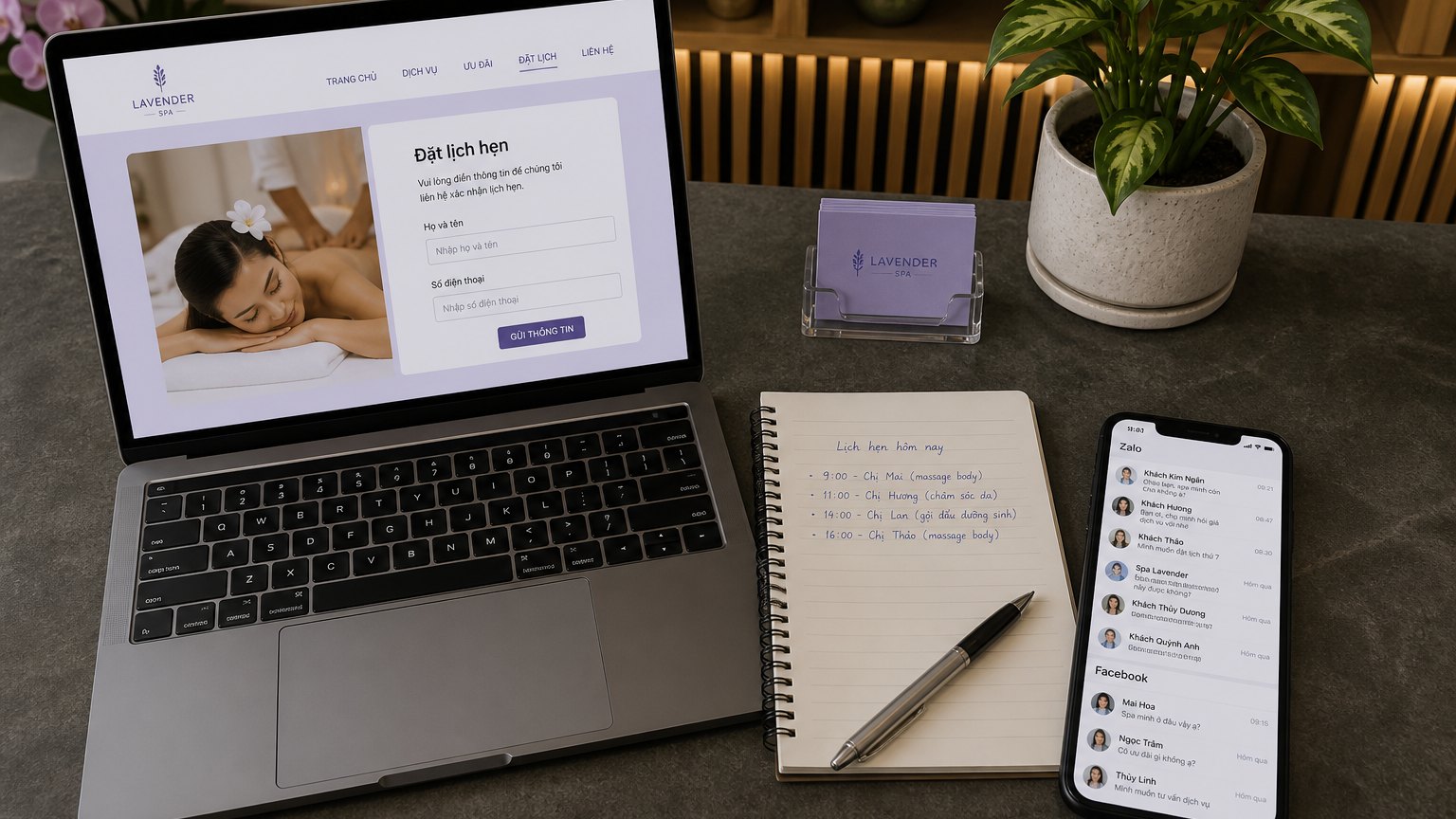 Bàn lễ tân spa: laptop hiện form đặt lịch trên website, điện thoại bên cạnh đầy tin nhắn Zalo và Facebook rải rác