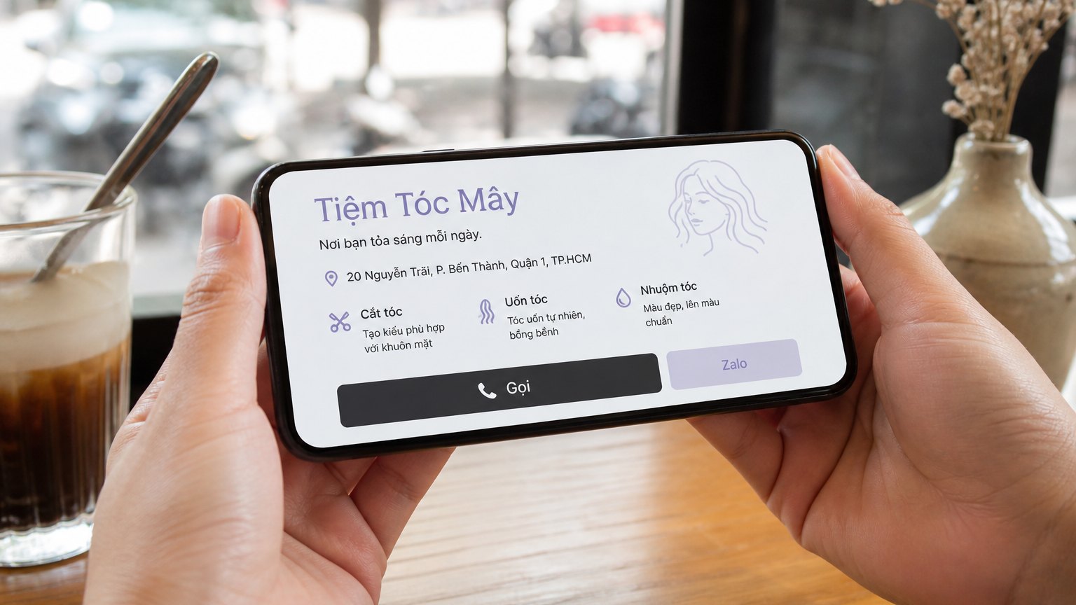 Khách cầm điện thoại xem website tiệm nhỏ: tên quán, địa chỉ, dịch vụ, nút Gọi và Zalo