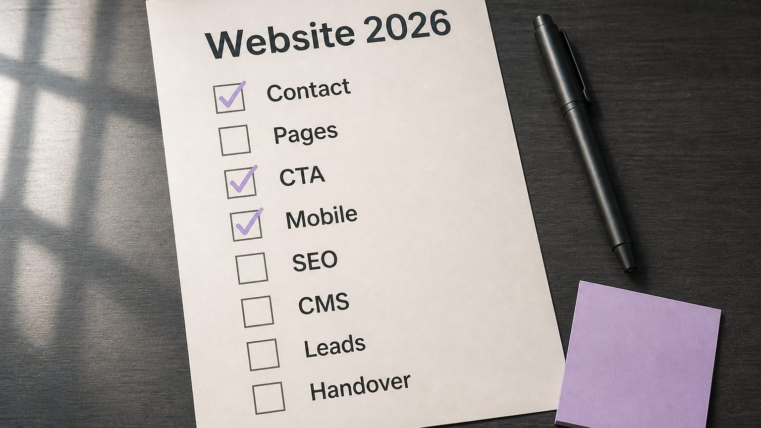 Checklist Website 2026 in giấy, đã tick Contact, CTA và Mobile, còn Pages SEO CMS Leads Handover