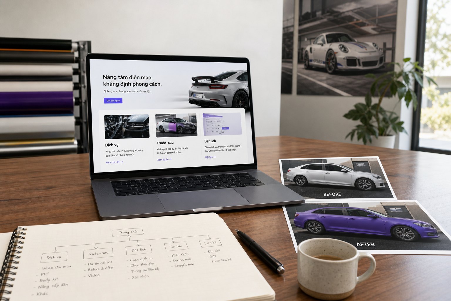 Laptop trên bàn xưởng hiện website shop độ xe với ba mục Dịch vụ, Trước–sau và Đặt lịch, cạnh ảnh trước–sau wrap xe thật