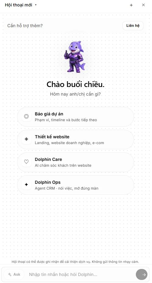 Giao diện Dolphin Care: chào khách, chọn Báo giá, Website, Care, Ops và ô chat